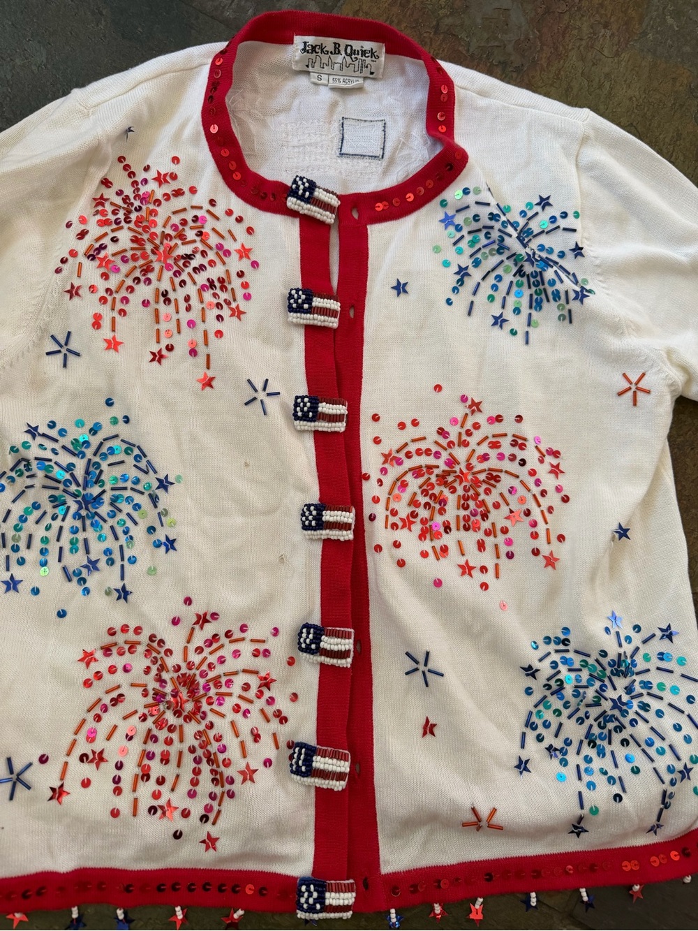 Jack B. Quick White Fireworks Embellished Cardigan sequins. Beaded. Sz S 1990s